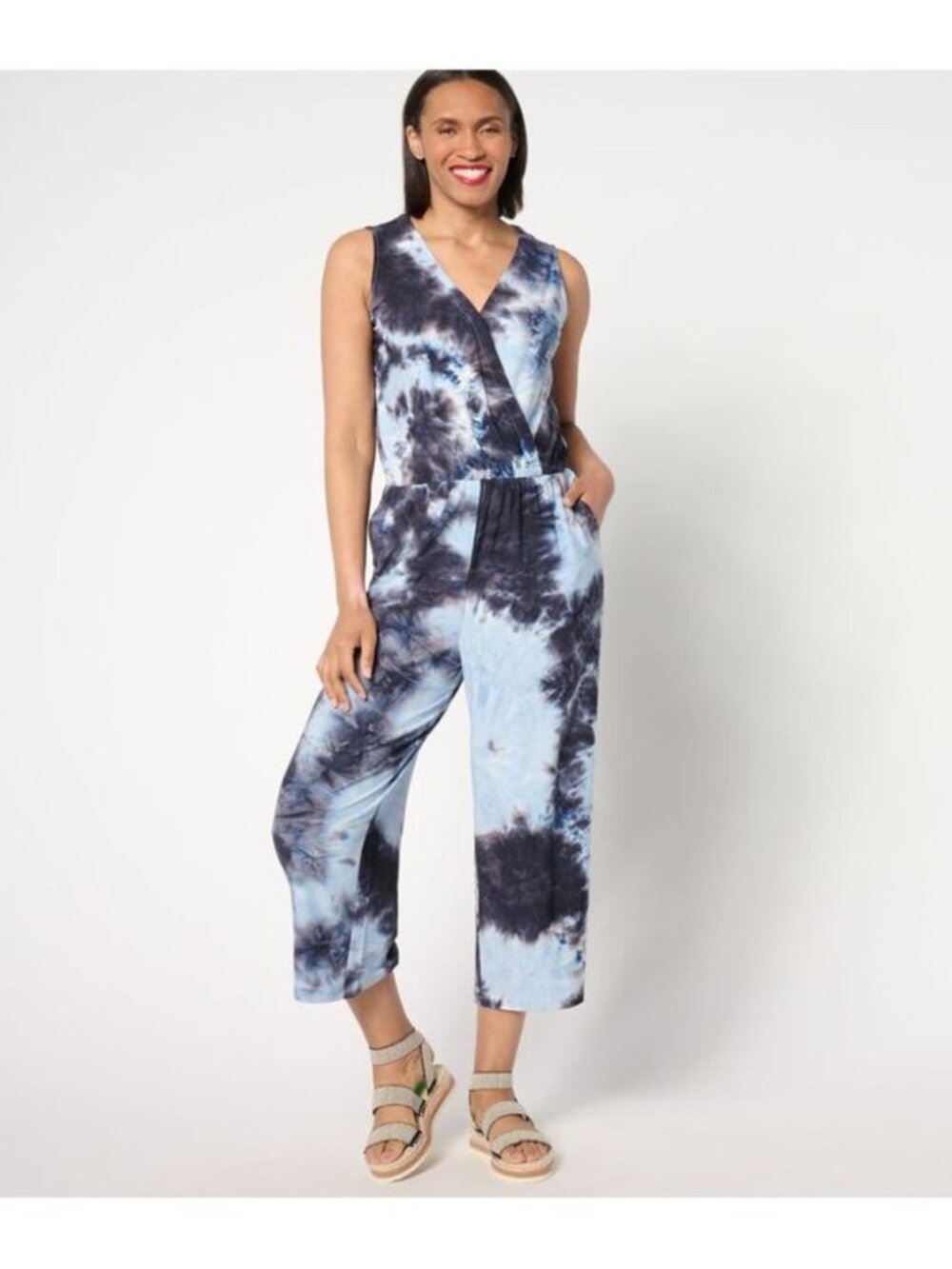 D&Co Blue & Grey Tie‑Dye Sleeveless Jumpsuit Plus 3X  NWT Crop Leg